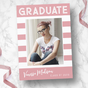 Faire-part Stripes tendance Simple Retro Graduate Photo rose