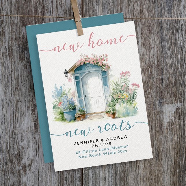 Faire-part Style New Home Floral Garden Pink Turquoise Script (Créateur téléchargé)