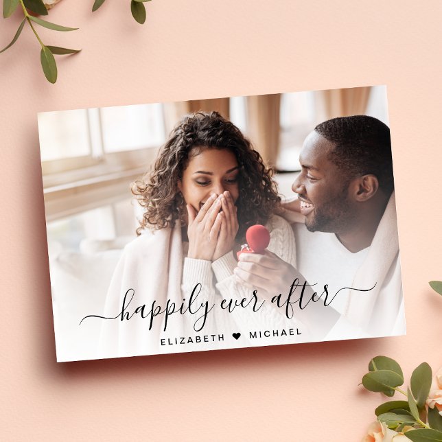 Faire-part Stylish Happy Ever Après Photo Cream Fiançailles (A chic photo collage engagement announcement card)
