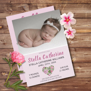 Faire-part Sweet rose Floral Coeur bébé photo naissance