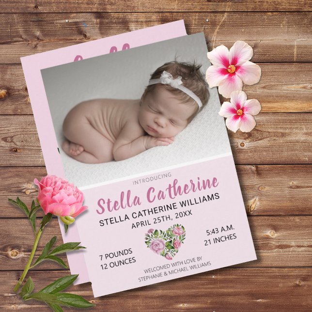 Faire-part Sweet rose Floral Coeur bébé photo naissance (Hello World Sweet Pink Floral Heart Birth Announcement Photo Card)
