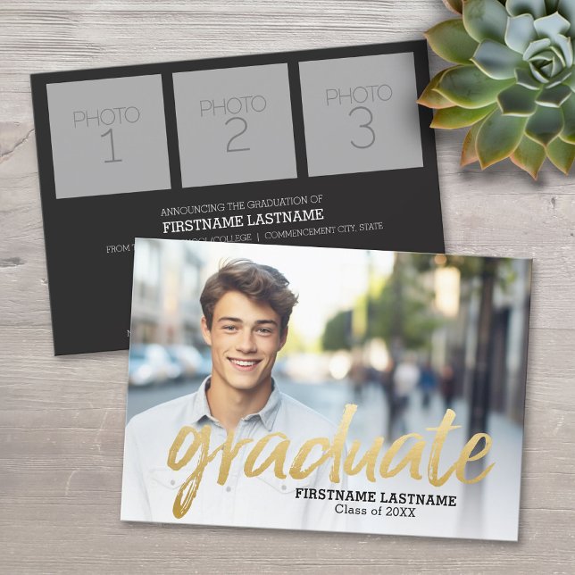 Faire-part tendance avec 4 photos d'or (Custom Graduation Announcement)