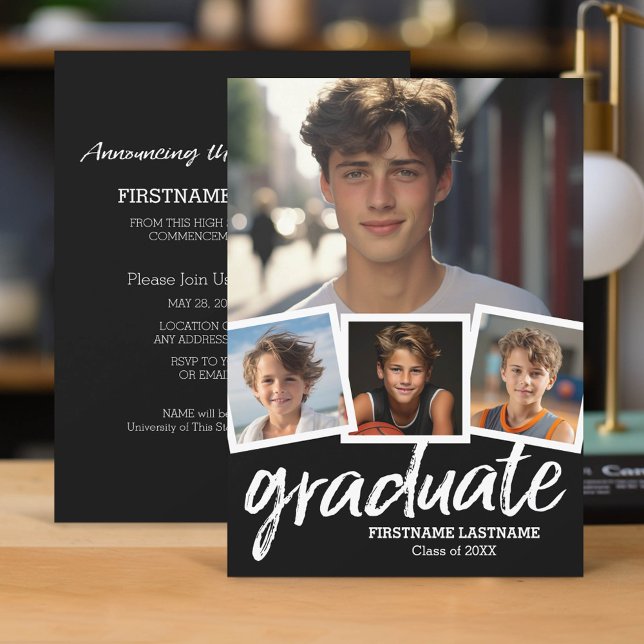 Faire-part tendance Black Graduation Party 4 Photo (Classic Graduation Announcement and Party Invitation with 4 Photos)