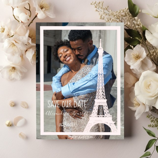Faire-part Tour Eiffel Rose Photo Enregistrer La Date Annonce (Pink Eiffel Tower Photo Save the Date)