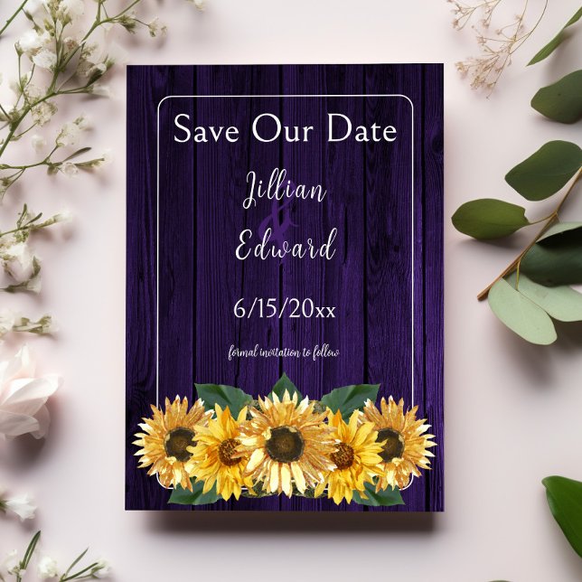 Faire-part Tournesol Violet Rustique Enregistrer La Date (Rustic Purple Sunflower Save the Date)