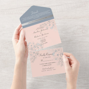 Faire-part tout-en-un rose blush et bleu poussière