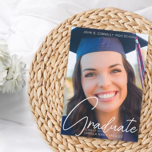 Faire-part Trendy Full Graduation Photo White Script Overlay