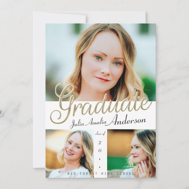 Faire-part Trendy Gold Script superposition Trois diplômes ph (Devant)