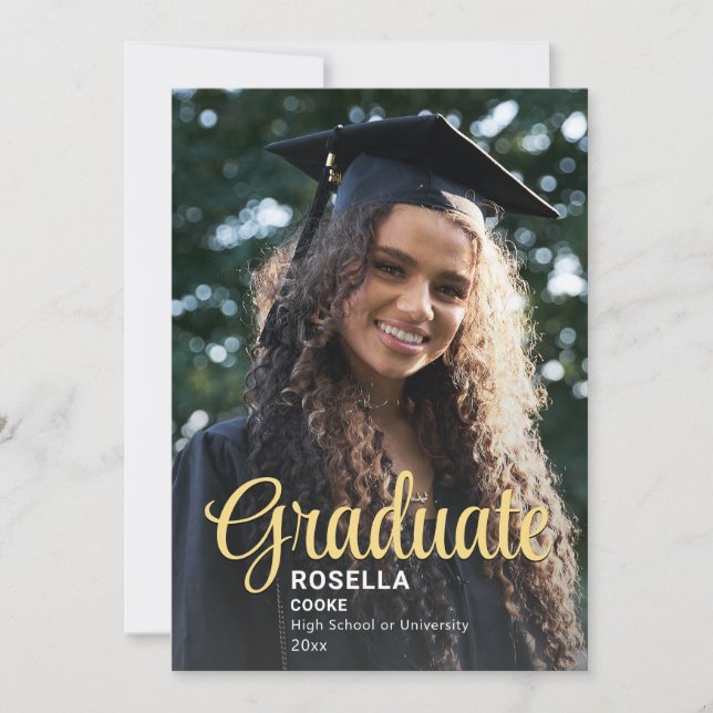 Faire-part Trendy Script Overlay | Photo Graduation de deux (Devant)