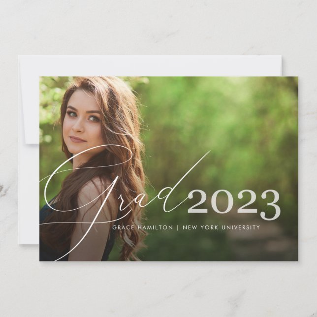 Faire-part Trendy Script Overlay | Photo Graduation de deux (Devant)
