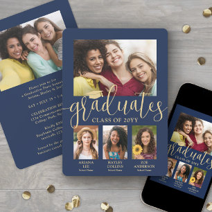 Faire-part Triple Graduation Photo Collage Marine & Gold Join