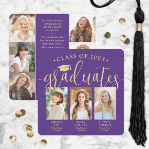 Faire-part Triple Graduation Photo Collage Purple Gold Joint
