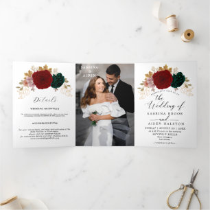 Faire-part Trois Volets Autumanal Gold Burgundy Emerald Greeny Mariage