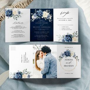 Faire-part Trois Volets Bleu Poussiéreux Champagne Ivoire Floral  Tri-Pli 