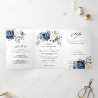 Bleu Poussiéreux Champagne Ivoire Floral Tri-Pli