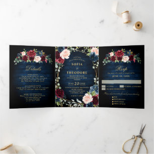 Faire-part Trois Volets Burgundy Navy Blush Floral Gold Mariage géométriqu