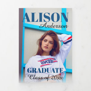 Faire-part Trois Volets Classe bleue classique de 2025 photo de graduation