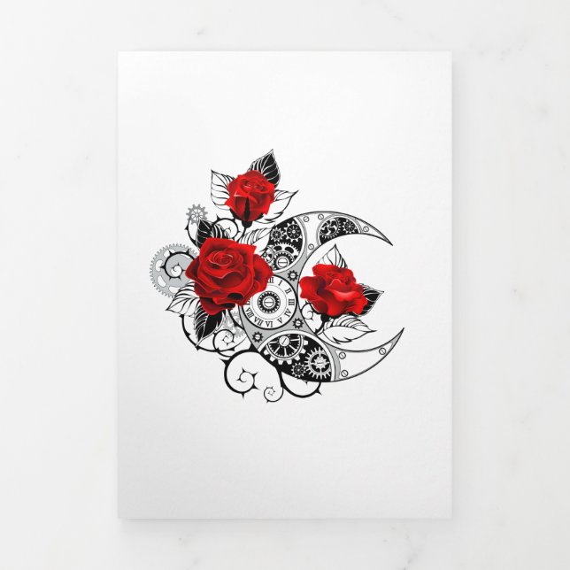 Faire-part Trois Volets Croissant mécanique avec roses rouges (Page de couverture)