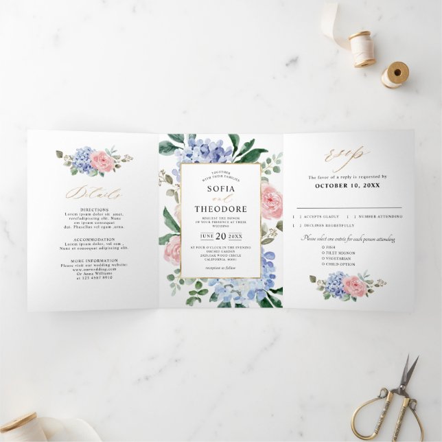 Faire-part Trois Volets Dusty Blue Pastel Pink hydrangeas Mariage Tri-Fold (Intérieur)