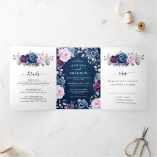 Faire-part Trois Volets Dusty Blue Purple Navy Lilac Blooms Mariage Tri-Fo