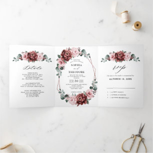 Faire-part Trois Volets Dusty rose Rose floral Mariage géométrique
