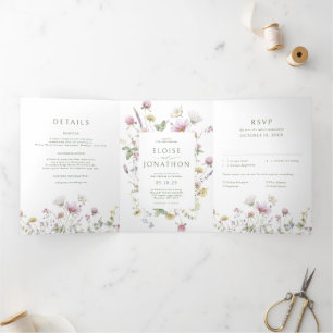 Faire-part Trois Volets Élégant Fleur sauvage Pastel Soft Mariage botaniqu