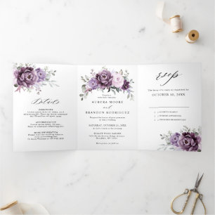 Faire-part Trois Volets Fleurs de Pourpre Poussiéreux Teintées Mariage Flo