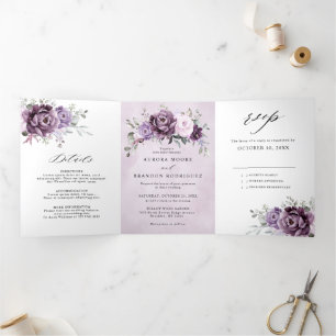 Faire-part Trois Volets Fleurs de Pourpre Poussiéreux Teintées Mariage Flo