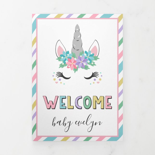 Faire-part Trois Volets Floral Unicorn Welcome Baby (Page de couverture)