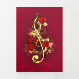 Faire-part Trois Volets Golden Treble Clef avec fleurs Roses