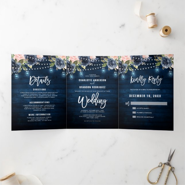 Faire-part Trois Volets Guirlande lumineuse bleu marine rose mariage tript (Intérieur)