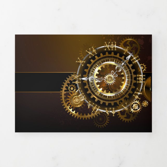 Faire-part Trois Volets Horloge Steampunk avec des engrenages anciens (Page de couverture)