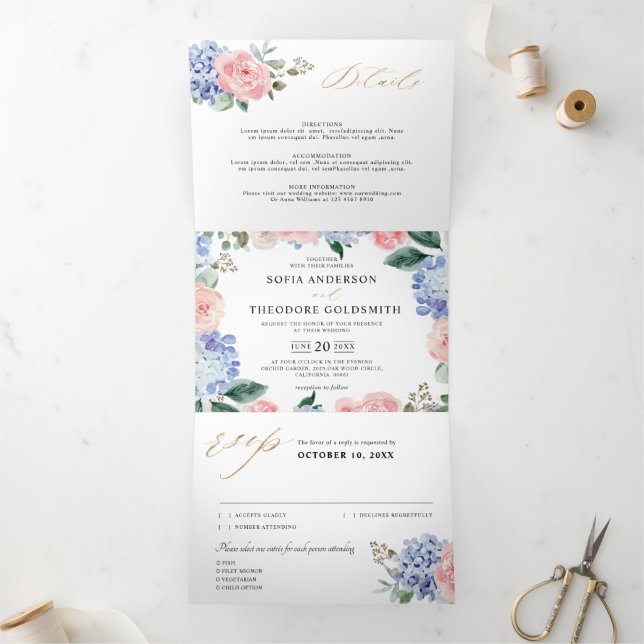 Faire-part Trois Volets Hydrangeas rose pastel bleu poussiéreux Mariage tr (Intérieur)