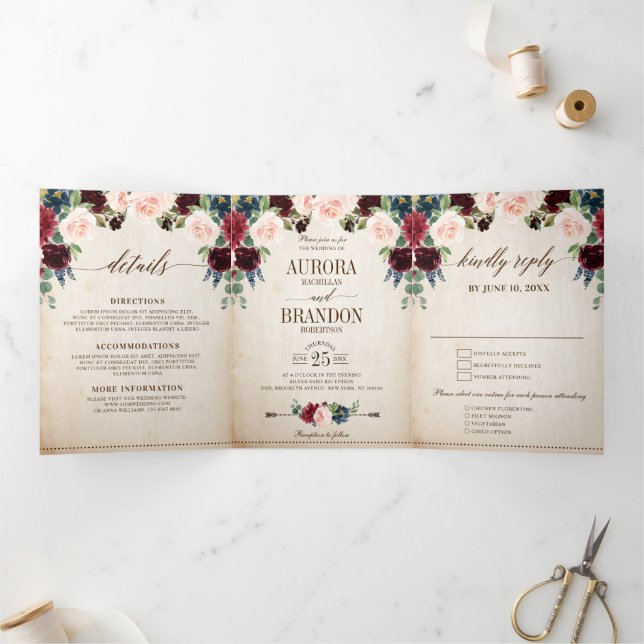 Faire-part Trois Volets Mariage Bohème Campagnard Rustique aux Fleurs de B (Intérieur)