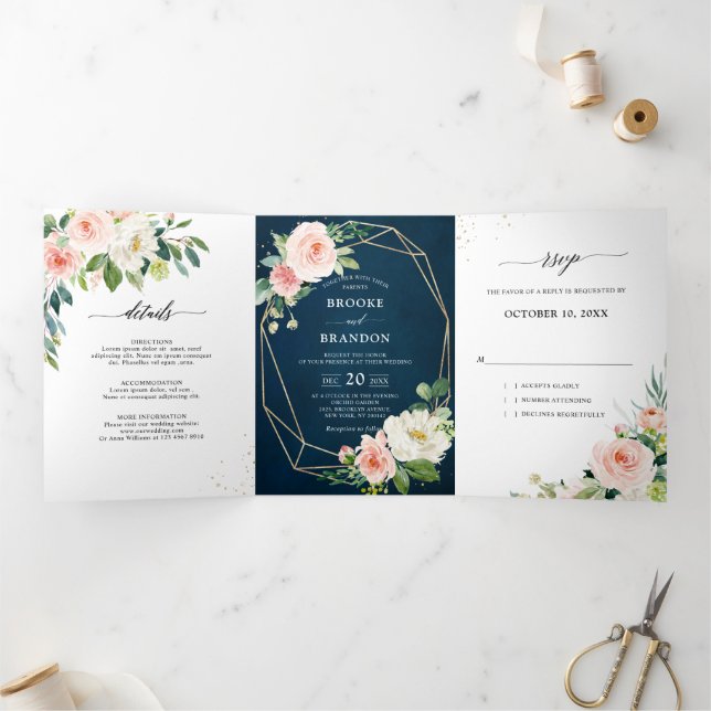 Faire-part Trois Volets Mariage Botanique Fleurs Rose Clair Marine (Intérieur)