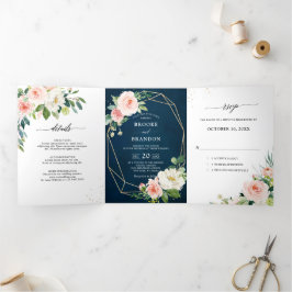Faire-part Trois Volets Mariage Botanique Fleurs Rose Clair Navy