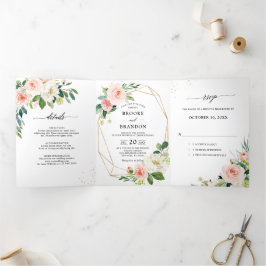 Faire-part Trois Volets Mariage Botanique Fleurs Roses Jolies Pastel Teint