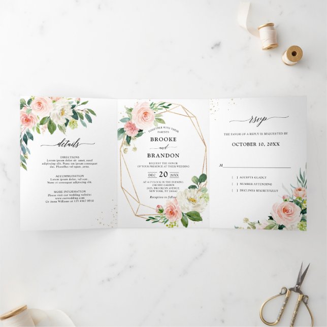 Faire-part Trois Volets Mariage Botanique Fleurs Roses Jolies Pastel Teint (Intérieur)
