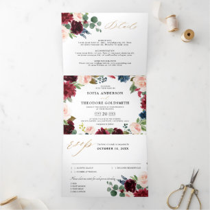 Faire-part Trois Volets Mariage Champêtre Bourguignon et Naval à Thème Flo