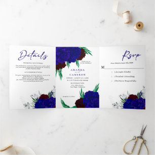 Faire-part Trois Volets Mariage élégant « MARIGOLD » rouge Bourgogne bleu
