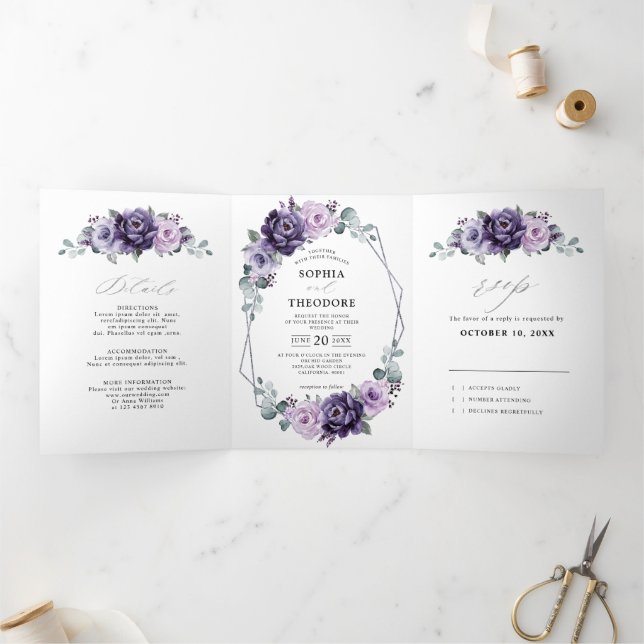 Faire-part Trois Volets Mariage Fleur Géométrique Fleurit Prune Pourpre Ar (Intérieur)