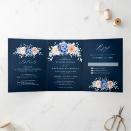 Faire-part Trois Volets Mariage Fleurie Rose Pâle et Ardoise Bleu Marine