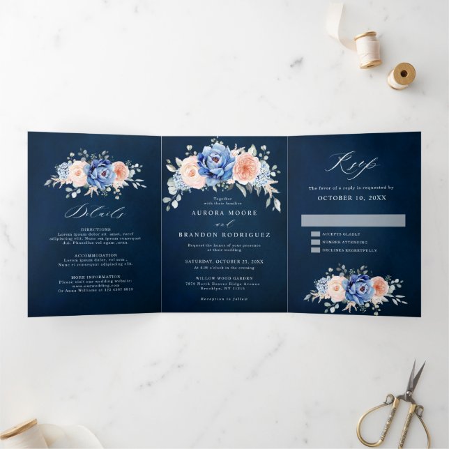 Faire-part Trois Volets Mariage Fleurie Rose Poudré Bleu Marine  (Intérieur)