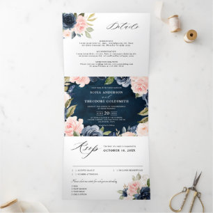 Faire-part Trois Volets Mariage floral bleu bleu bleu rouille rose Tri-Fol