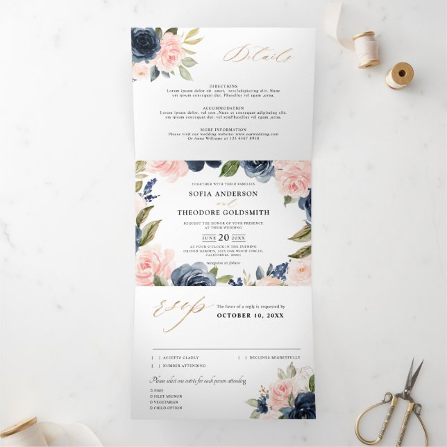 Faire-part Trois Volets Mariage floral bleu bleu bleu roux rose (Intérieur)