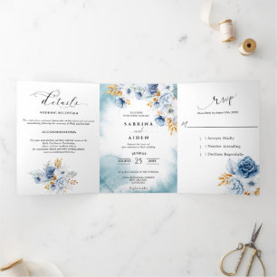 Faire-part Trois Volets Mariage Floral Bleu Poussiéreux Blanc Or