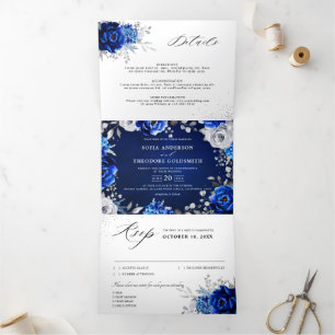 Faire-part Trois Volets Mariage Floral Bleu Royal Blanc Argent Métallisé