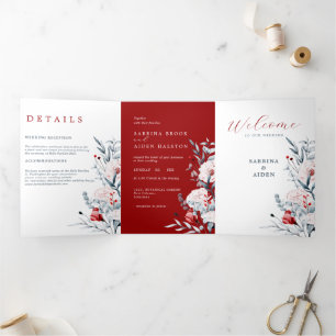 Faire-part Trois Volets Mariage Floral Fleur Rouge Et Bleu