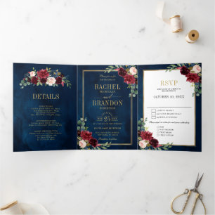 Faire-part Trois Volets Mariage géométrique aquarelle bleu marine rose gol