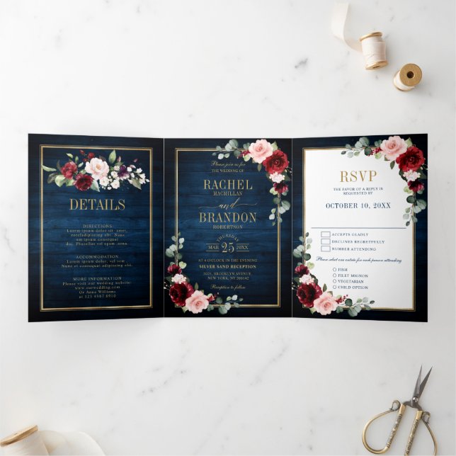 Faire-part Trois Volets Mariage Géométrique Bleu Nuit Rouge Bourgogne Or T (Intérieur)